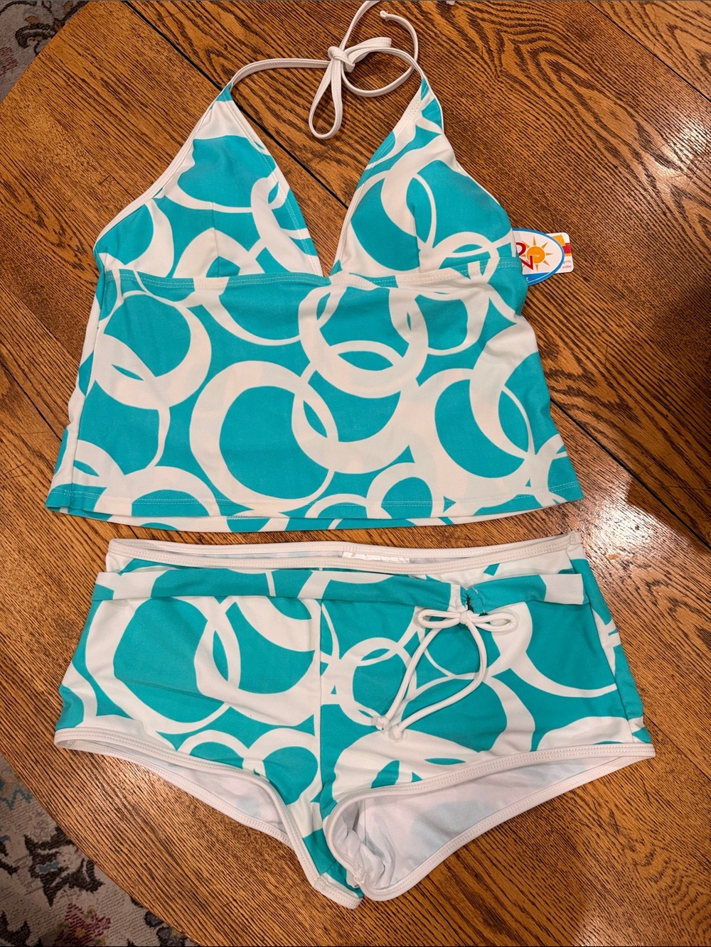 VTG Sand N Sun Turquoise White Circle Tankini Swimsuit Set Sz 12 Boy Shorts Y2K